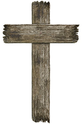 Scary old grunge wooden cemetery cross isolated on white background, concept of horror and Halloween