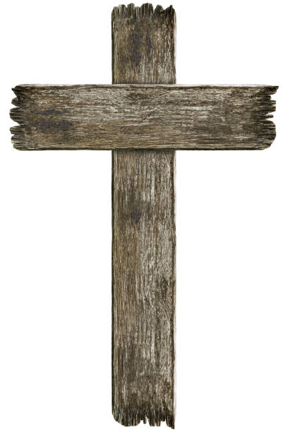 Cruz de assustador velho cemitério de madeira grunge isolado no fundo branco - foto de acervo