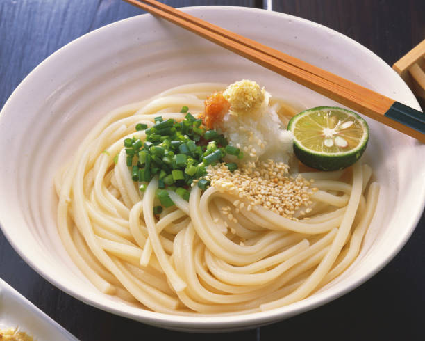Noodles called bukkake Udon in Japanese is one of the typical way to eat udon noodles made from wheat flour. Sanuki is famous for udon, the old country name of the area in Shikoku, Japan.