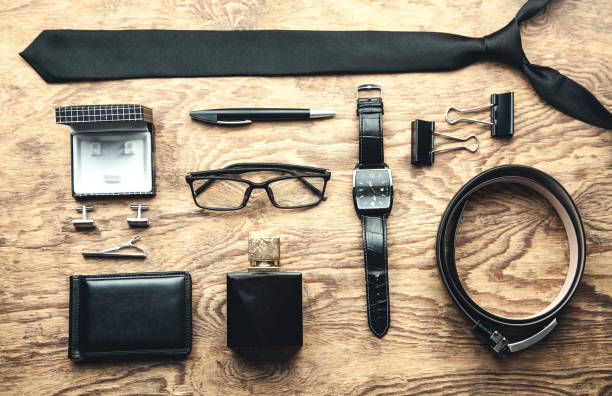 istock Men's accessories on the wood background. 1129063568