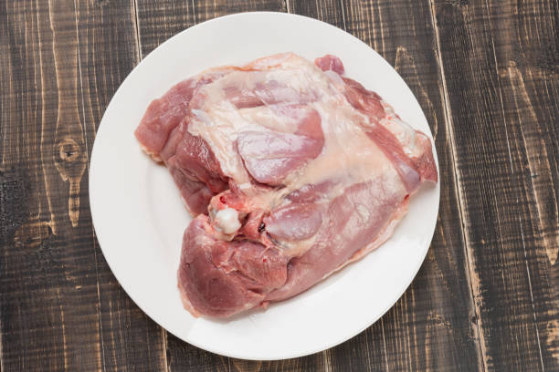 istock fresh turkey meat, leg pulp with bone, lying on a plate 1129065156