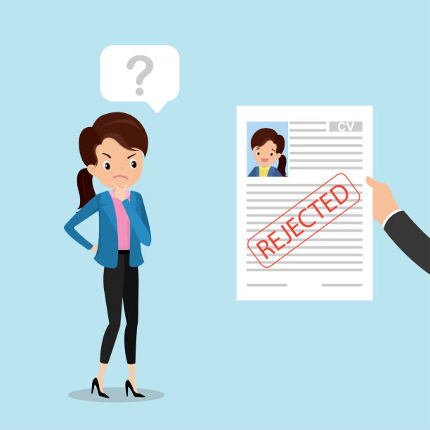 istock Sad caucasian female,hand holding cv resume paper with red stamp- rejected 1129066078