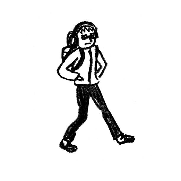 ilustrações de stock, clip art, desenhos animados e ícones de teenager with headphones and backpack, walking, black and white sketch - scrap metal audio