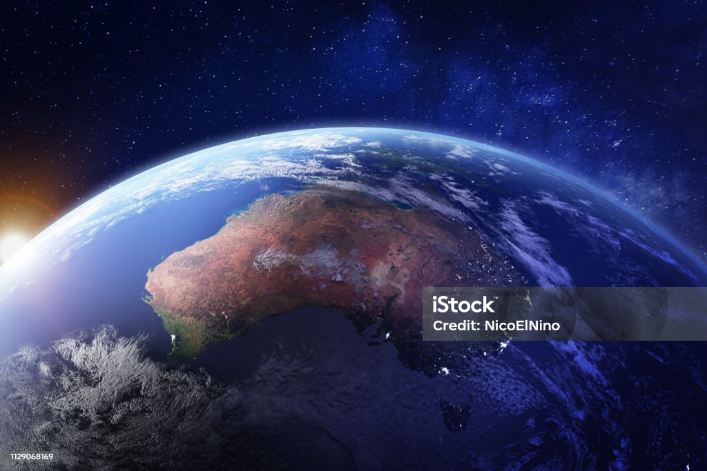 Australia from space at night with city lights of Sydney, Melbourne and Brisbane, view of Oceania, Australian desert, communication technology, 3d render of planet Earth, elements from NASA Australia from space at night with city lights of Sydney, Melbourne and Brisbane, view of Oceania, Australian desert, communication technology, 3d render of planet Earth, elements from NASA (https://eoimages.gsfc.nasa.gov/images/imagerecords/57000/57752/land_shallow_topo_21600.tif) Australia Stock Photo