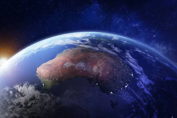 Australia from space at night with city lights of Sydney, Melbourne and Brisbane, view of Oceania, Australian desert, communication technology, 3d render of planet Earth, elements from NASA (https://eoimages.gsfc.nasa.gov/images/imagerecords/57000/57752/land_shallow_topo_21600.tif)