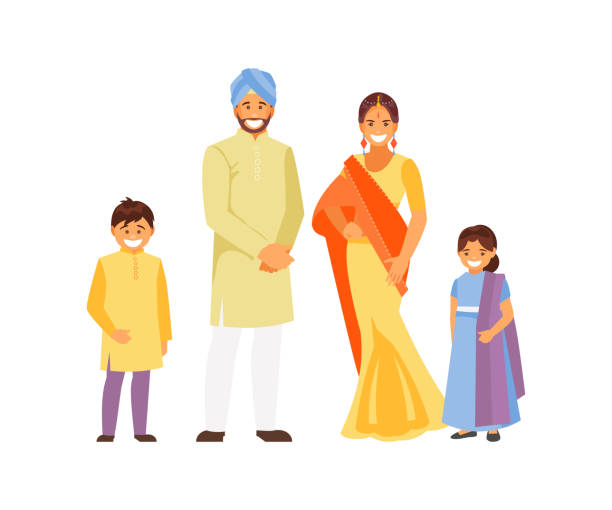 illustrazioni stock, clip art, cartoni animati e icone di tendenza di famiglia indiana in abito tradizionale - indian costume