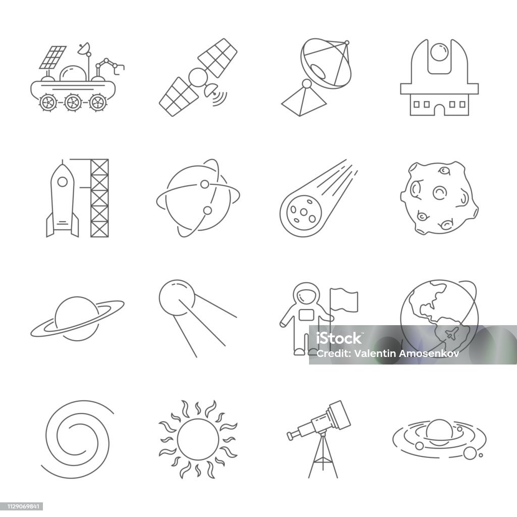 Simple Set of Space Related Vector Line Icons. Contains such Icons as Observatory, Planet Earth, Asteroid, Astronaft, Saturn, Moon, Moon Rover, Solar system and more. Editable Stroke. EPS 10 Solar System stock vector