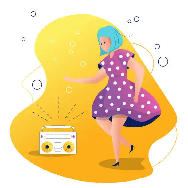 Vector illustration of Girl dancing to music from a tape recorder. Woman in a beautiful dress and hairstyle. Soap bubbles around. Vector flat illustration in cartoon style.