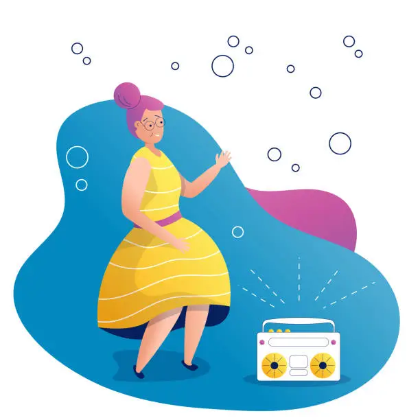 Vector illustration of Grandmother dancing to music from a tape recorder. Woman in a beautiful dress and hairstyle. Soap bubbles around. Vector flat illustration in cartoon style.