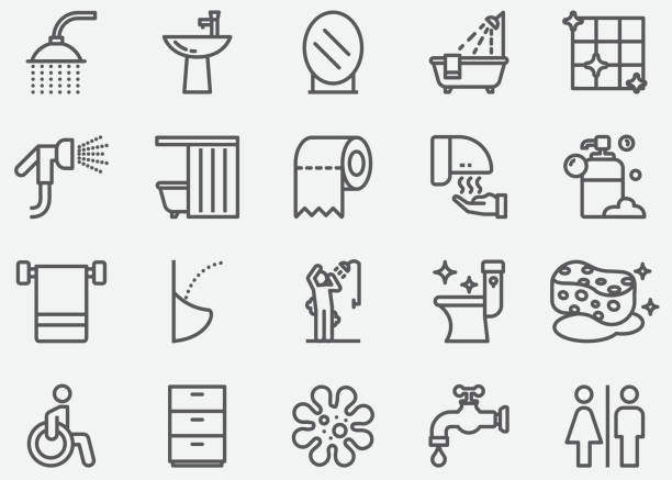 badezimmer und toilettenlinie icons - dusche stock-grafiken, -clipart, -cartoons und -symbole