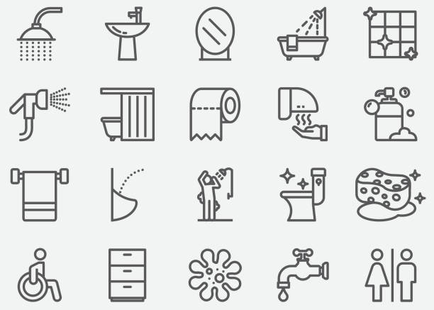 ikony linii łazienkowych i toaletowych - kąpiele stock illustrations