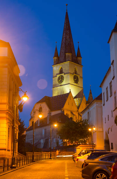istock Sibiu streets with Cathedral in evening 1129076285