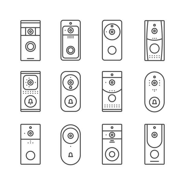 Smart home devices, Internet of Things set. Remote doorbell rings, appliances for house or office. Thin line art icons. Linear style illustrations. Vector flat design. Wireless doorbells Smart home devices, Internet of Things set. Remote doorbell rings, appliances for house or office. Thin line art icons. Linear style illustrations. Vector flat design. Wireless doorbells. wall speakers stock illustrations