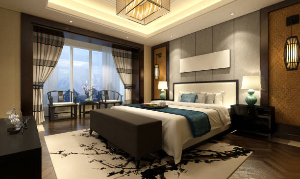 중국 스타일 침실 인테리어 - hotel bedroom bed contemporary 뉴스 사진 이미지