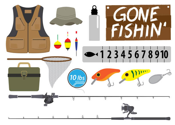 ilustrações, clipart, desenhos animados e ícones de conjunto de ícones de pesca. coleção de vetores de equipamento. ilustração vetorial - freshwater fishing