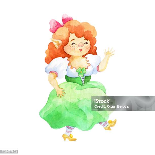 Patricks Day Watercolor Illustration Hand Drawn Dancing Leprechaun Girl Stock Illustration - Download Image Now