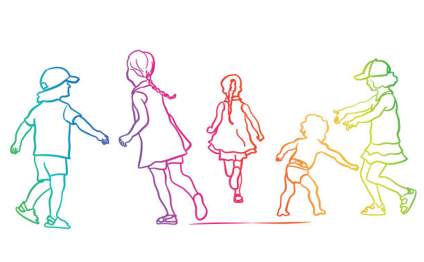 Sibblings Playing Rainbow sketch of kids playing together outside drawing of the boy girl shadow stock illustrations