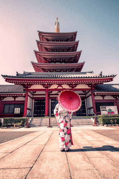 Architecture in Tokyo woman with traditional dress in Senso-ji temple in Asakusa, Tokyo pagoda photos stock pictures, royalty-free photos & images
