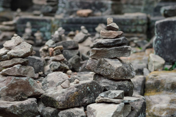 Buddhist cairns gathered on the ruins of Angkor Wat temples