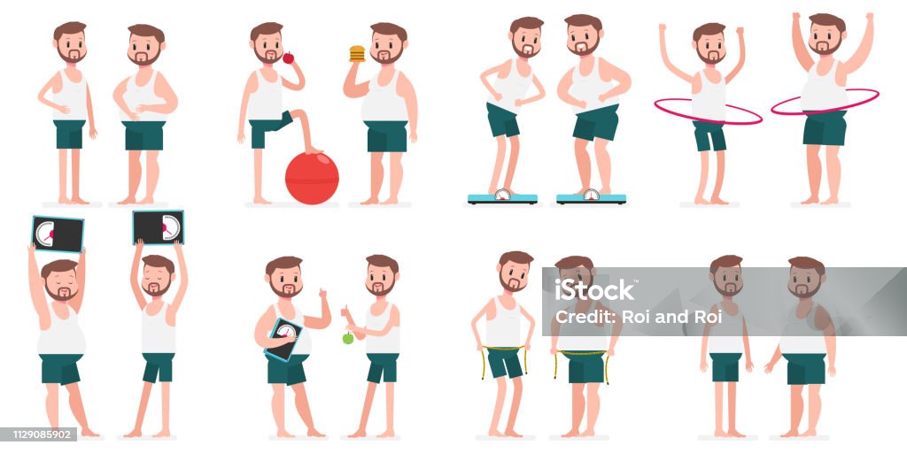 Fat And Thin Guy With Hule Hoop Fitness Ball Measuring Tape On Weight  Scales Vector Cartoon Man Character Set Isolated On A White Background  Healthy Lifestyles And Sport Concept Illustration Stock Illustration -