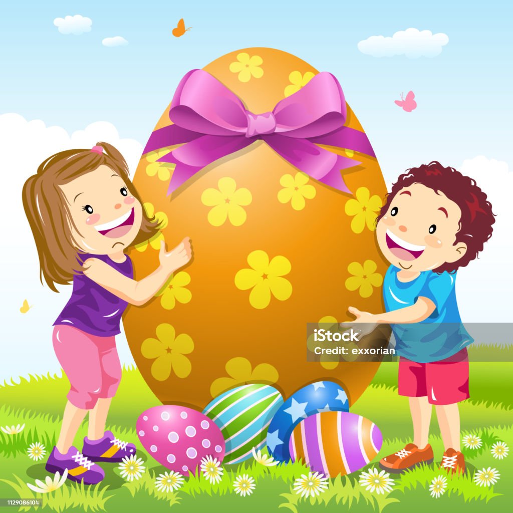 Two Kids Embracing A Big Easter Egg Two kids playing Easter egg hunt and embracing a big Easter egg outdoor. Agricultural Field stock vector