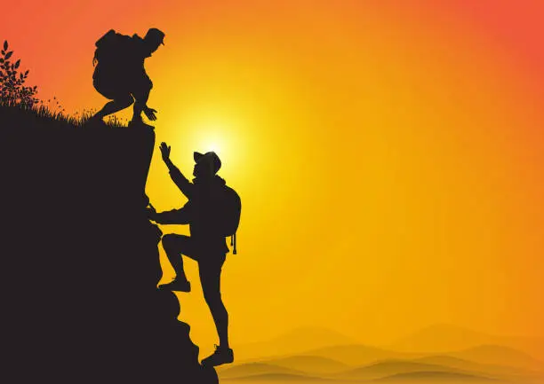 Vector illustration of Silhouette of two people hiking climbing mountain and helping each other on golden sunrise background, helping hand and assistance concept vector illustration
