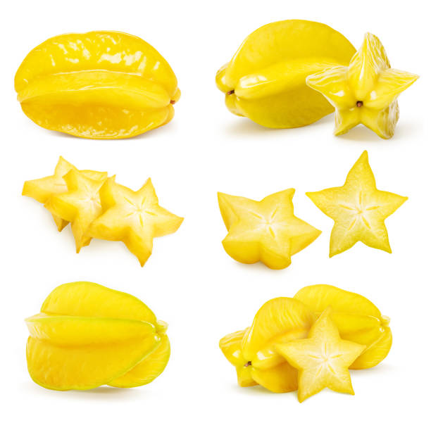 Carambola star fruit set isolated Carambola set isolated, star apple or yellow starfruit on white background. Whole and slice star fruit. starfruit stock pictures, royalty-free photos & images