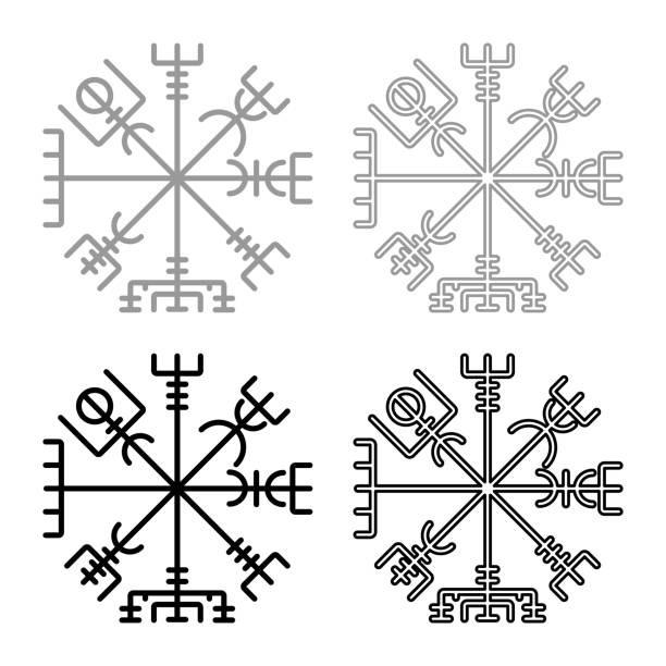 illustrations, cliparts, dessins animés et icônes de vegvisir runique boussole galdrastav icône de navigation boussole symbole set image simple de couleur noir gris illustration contour plat style - knotwork