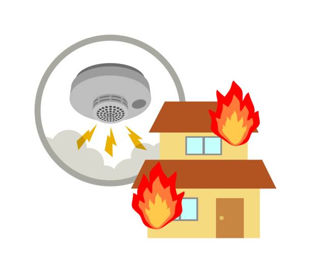 ilustrações, clipart, desenhos animados e ícones de casa em chamas e alarme de incêndio - smoke detector fire alarm sensor smoke