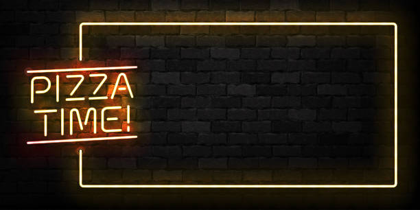 Vector realistic isolated neon sign of Pizza Time frame logo for decoration and covering on the wall background. Concept of restaurant, cafe and italian food. Vector realistic isolated neon sign of Pizza Time frame logo for decoration and covering on the wall background. Concept of restaurant, cafe and italian food. chef borders stock illustrations