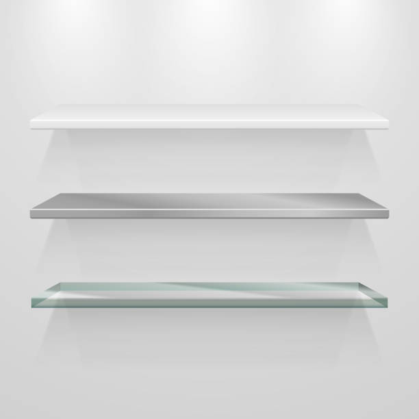 istock Set of metal, glass and plastic vector shelves on plain background 1129089860