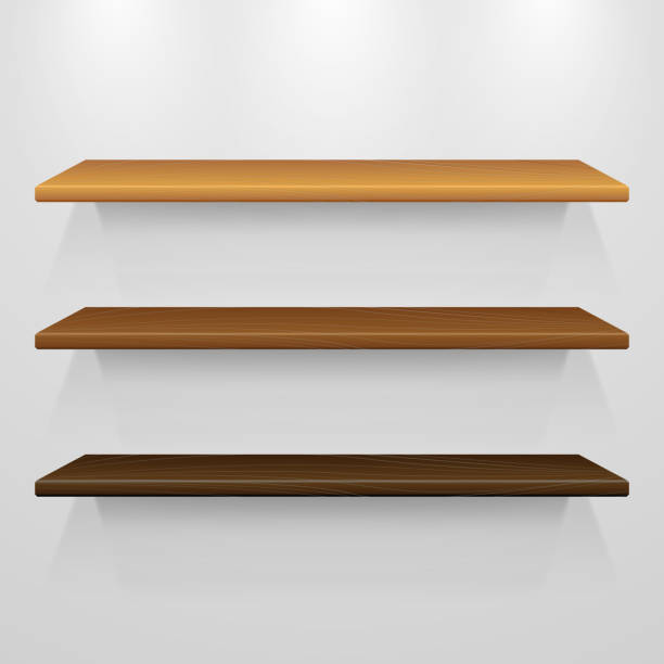 istock Set of three dimensional vector wooden shelves with illumination 1129089942