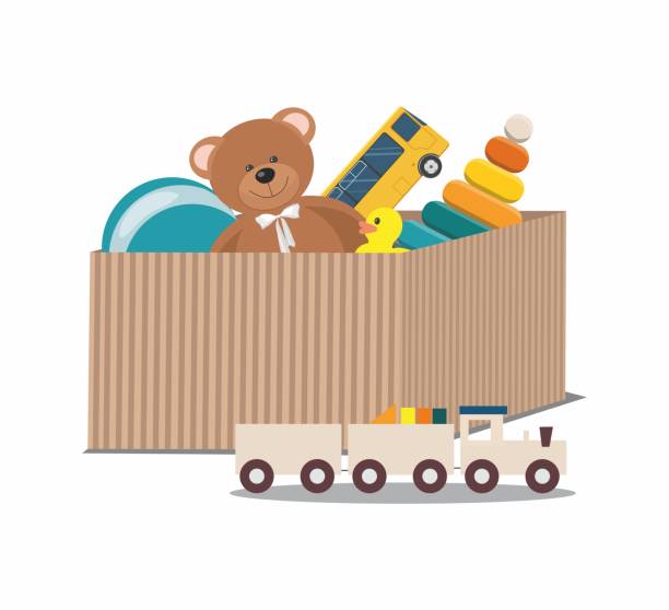 ilustrações de stock, clip art, desenhos animados e ícones de kids toys concept. teddy bear and clorful toys, wooden toy train in paper box - stuffed
