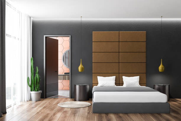 istock Gray bedroom interior, round tables 1129092597