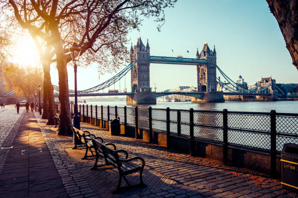 un boulevard à côté de la rivière thames - london england sunlight morning tower bridge photos et images de collection