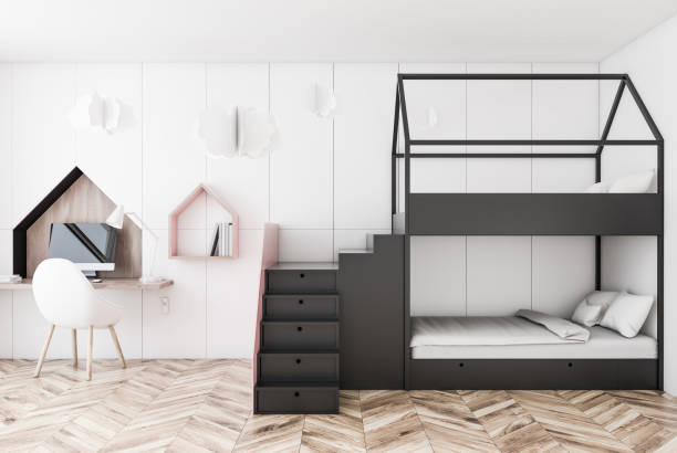 istock White kids bedroom interior, bunk bed 1129093472