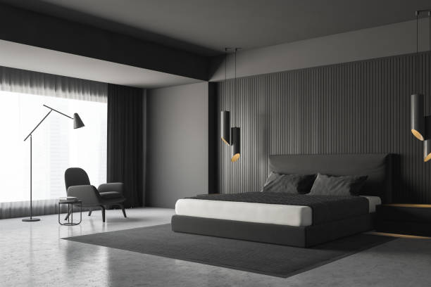 istock Gray bedroom corner with armchair 1129093792