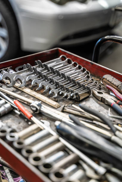 istock Tool box cart. Toolset with wrenches, ring spanners, hammer, pliers, screwdrivers, monkey wrenches, screws, bolts, wire and other do-it-yourself (DIY) tools. Car Repair 1129094265