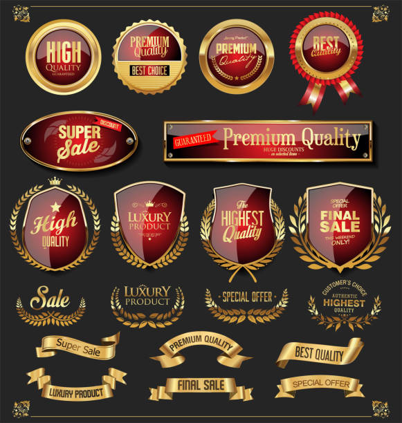 レトロなゴールデン リボン ラベルと盾ベクトル コレクション - quality certification点のイラスト素材／クリップアート素材／マンガ素材／アイコン素材