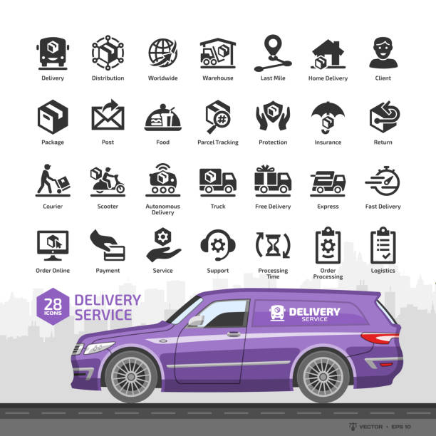 Delivery service glyph icon set on a with skyline, panel station wagon mockup and fast express package shipping, quick courier, cargo truck and van speed transport and online order silhouette symbols. Delivery service glyph icon set on a with skyline, panel station wagon mockup and fast express package shipping, quick courier, cargo truck and van speed transport and online order silhouette symbols. last mile stock illustrations