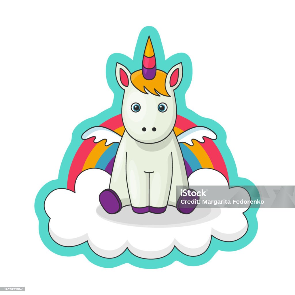 Sticker With A Little Baby Unicorn With Wings Cloud Rainbow Cute Decoration  Item Vector Comics Of The 80s Of The 90s Flat Cartoon Print Vector  Illustration Bright Colours Stock Illustration - Download