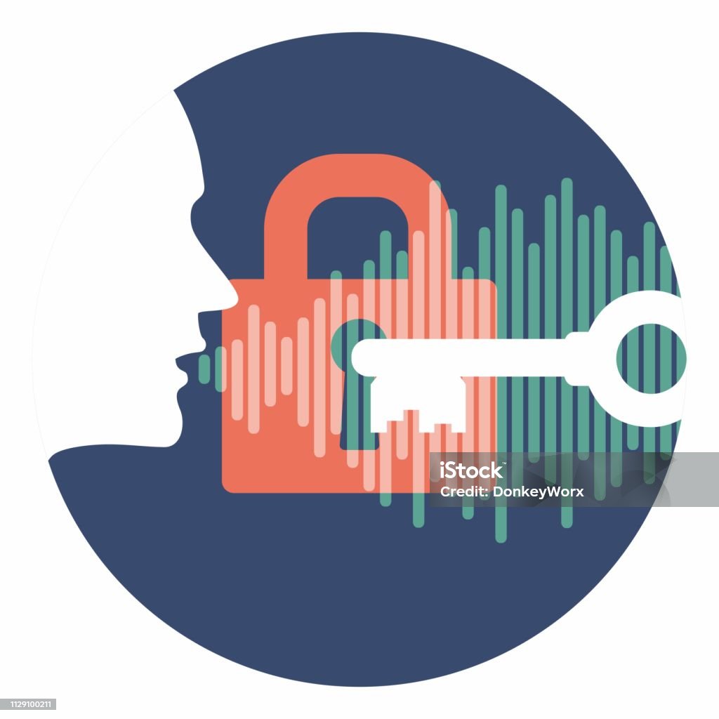 voice id security vector logo profile head speaking password with lock key and soundwave in circle. system security logo in light version voice authentication system vector logo or symbol. profile head speaking password with key over lock and soundwave in dark blue circle. system security logo Voice stock vector