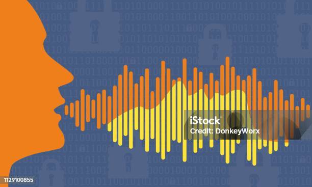 Voice Id Security Illustration Of Profile Head With Matching Profile In Password Audio Wave Vector Graphic Of Biometric Security Technology Stock Illustration - Download Image Now