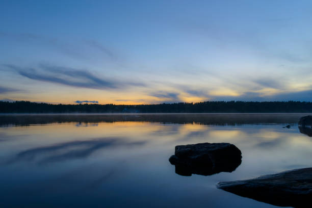 Sunset over a calm lake in Sweden during a summer evening