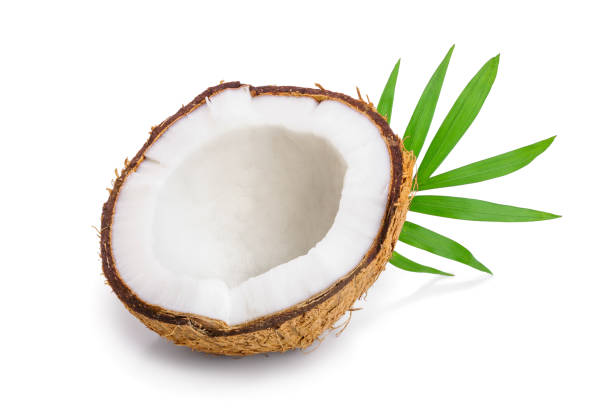 istock half of coconut with leaves isolated on white background 1129101259