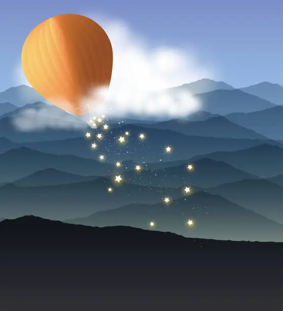 Vector illustration of hot air balloon with falling stars