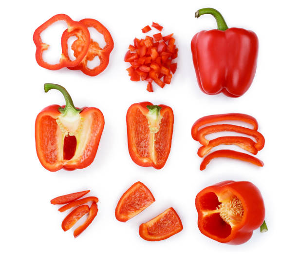 istock red sweet bell pepper isolated on white background. Top view. Flat lay. Set or collection 1129103152