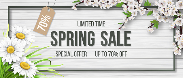 Blooming tree branch, chamomile and frame and typographic on white wooden background. Spring sale. Background for invitation, discount offer or flyer. Realistic detailed vector template.