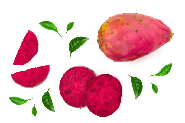 istock red prickly pear or opuntia isolated on a white background. Top view. Flat lay 1129104637