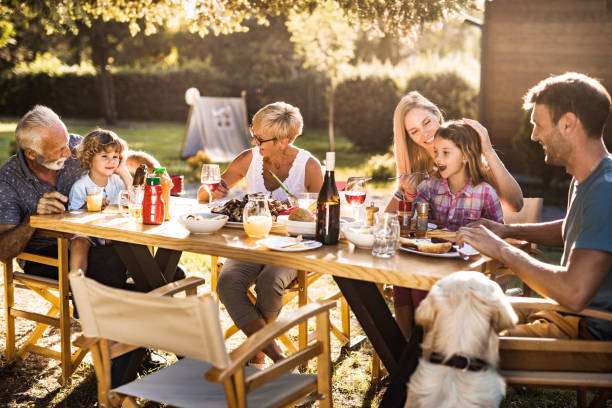 istock Happy extended family enjoying while having their lunch in the front yard. 1129106121